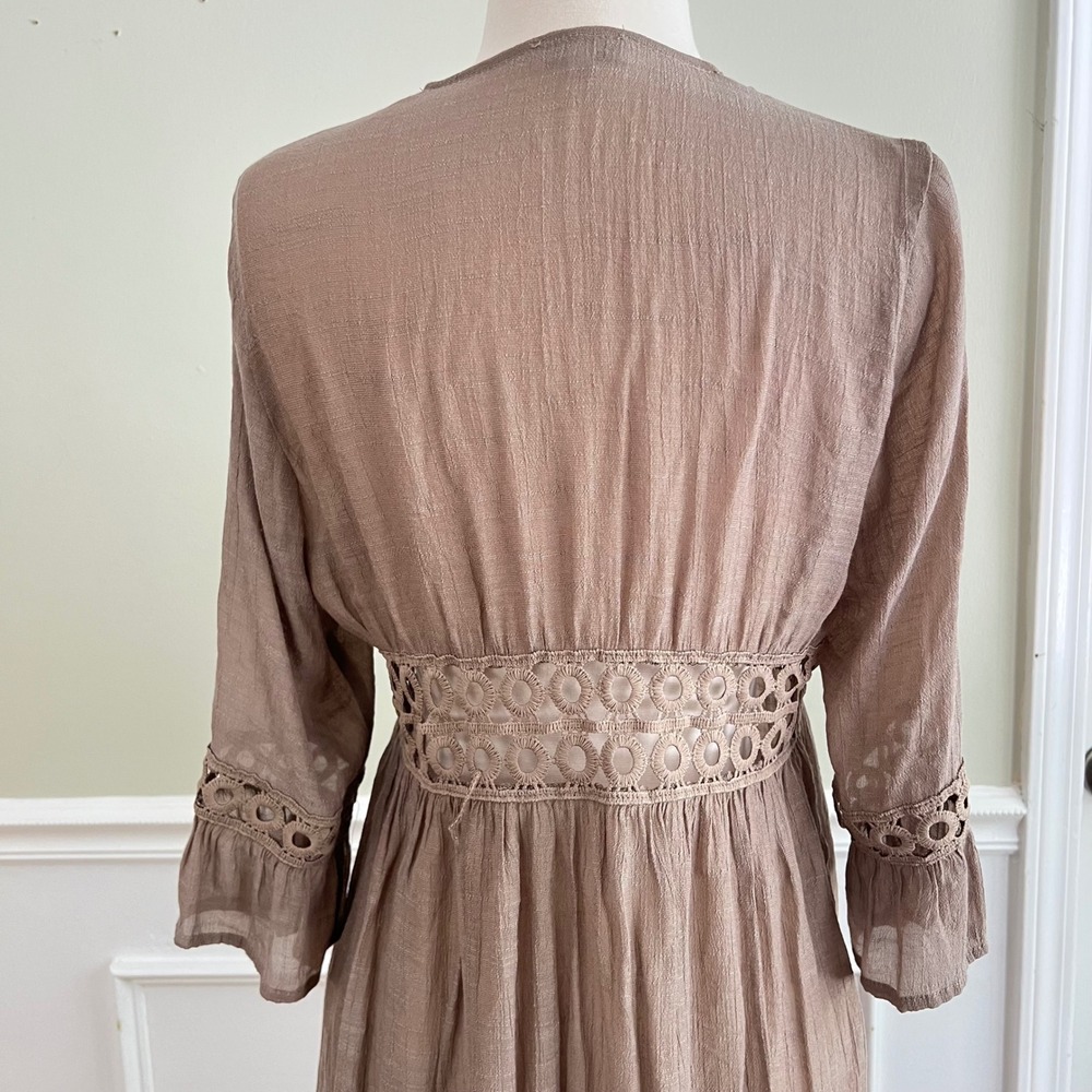 Rebellion Again Duster Cardigan Womens Sz M Crochet Lace Brown Taupe Boho Hippie - Picture 8 of 12